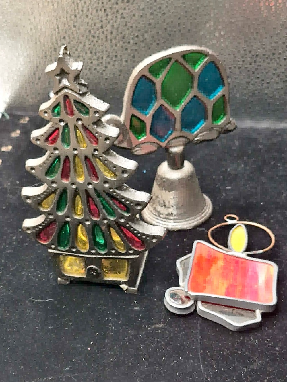 Vintage Cast Iron & Stained Glass Set Christmas Ornament Tree Votive Turtle Bell